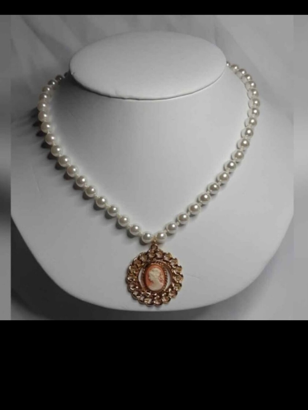 Pearl Necklace with Gold Cameo Pendant - Classic White Pearls
